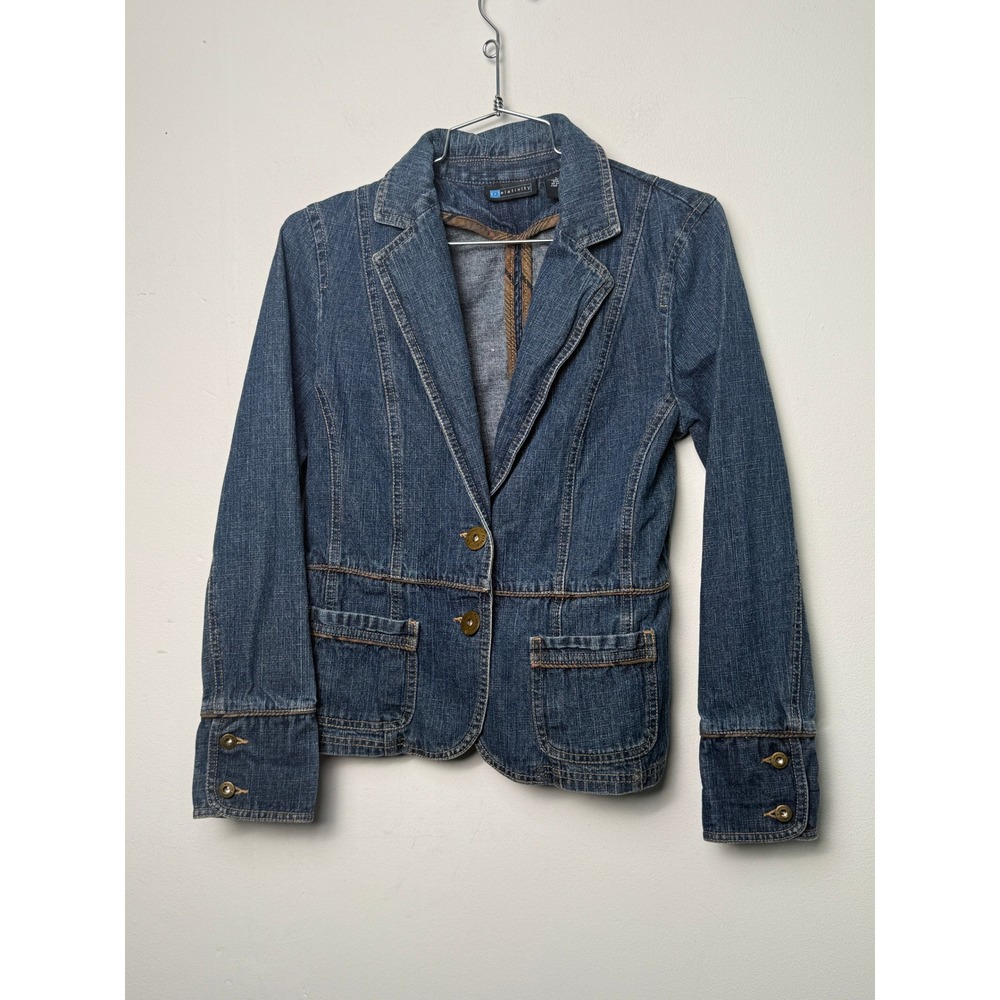 Y2K Denim Blazer Jacket Two Button Tailored Office Siren Sz Small